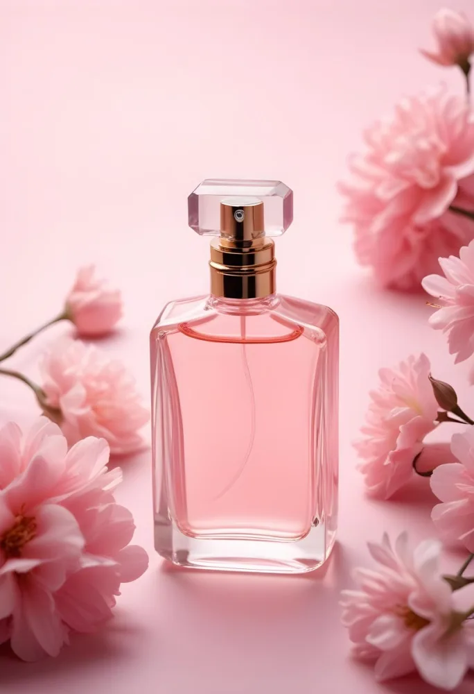 A Pink Glass Bottle Of Perfume Surrounded By Soft Pink Flowers On A Light Background 18 15ad