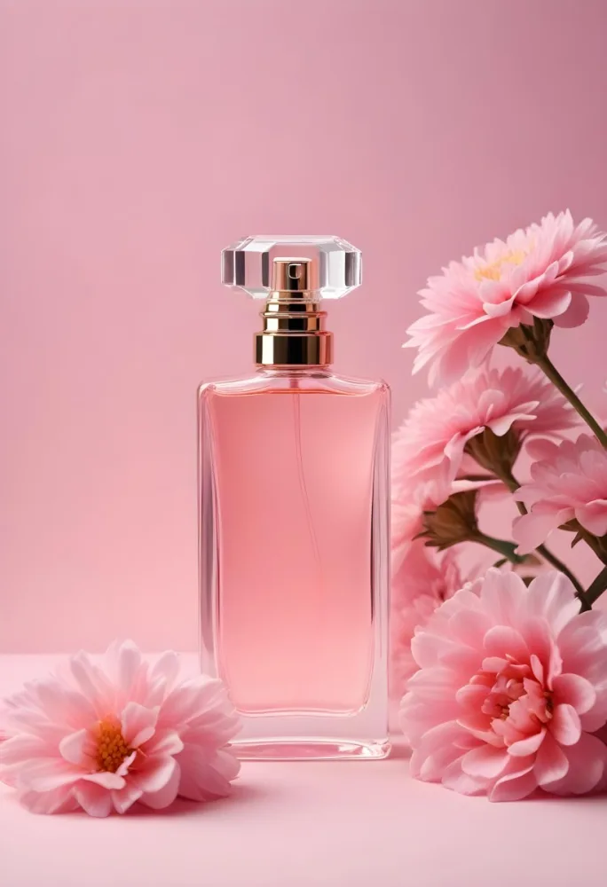 A Pink Glass Bottle Of Perfume Surrounded By Soft Pink Flowers On A Light Background 2 2cb8