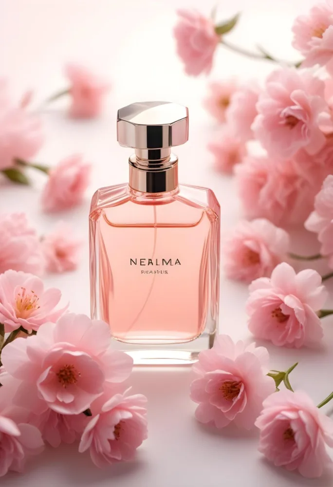 A Pink Glass Bottle Of Perfume Surrounded By Soft Pink Flowers On A Light Background 21 4d47