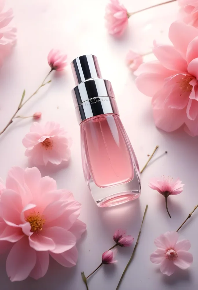 A Pink Glass Bottle Of Perfume Surrounded By Soft Pink Flowers On A Light Background 24 1c02