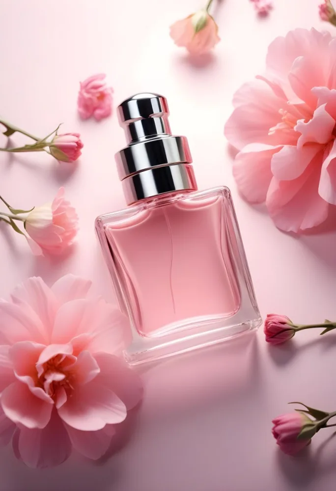 A Pink Glass Bottle Of Perfume Surrounded By Soft Pink Flowers On A Light Background 5 4475