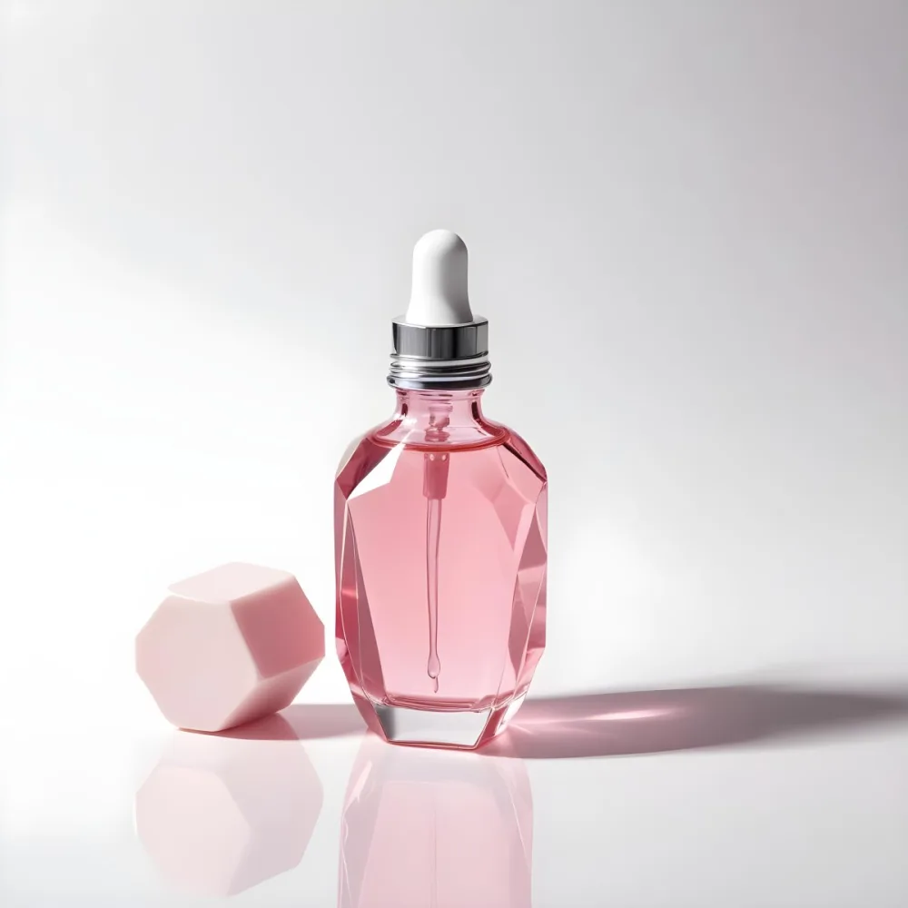 A Pink Glass Bottle With A Dropper Likely A Cosmetic Or Skincare Product On A White Background With Geometric Shapes 1 Dbd4
