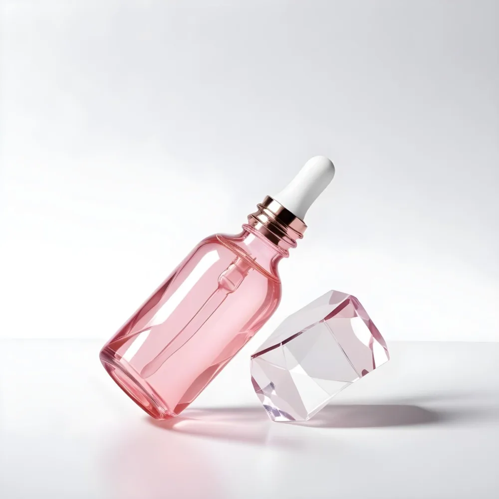 A Pink Glass Bottle With A Dropper Likely A Cosmetic Or Skincare Product On A White Background With Geometric Shapes 10 84c0