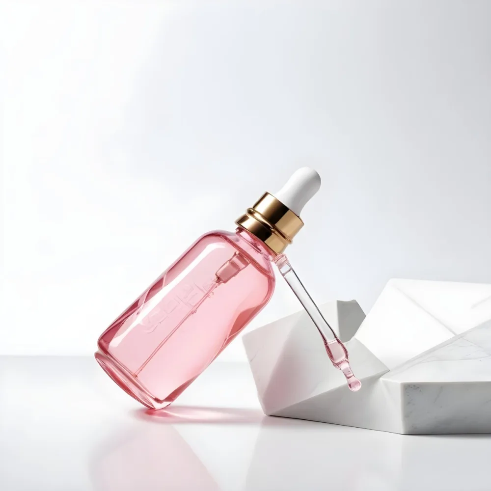 A Pink Glass Bottle With A Dropper Likely A Cosmetic Or Skincare Product On A White Background With Geometric Shapes 11 D68a