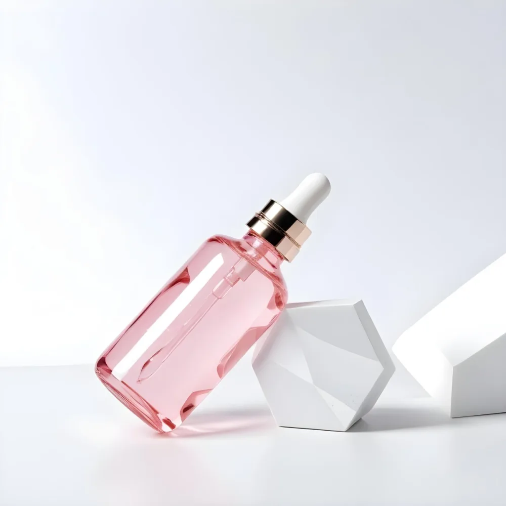 A Pink Glass Bottle With A Dropper Likely A Cosmetic Or Skincare Product On A White Background With Geometric Shapes 15 752d