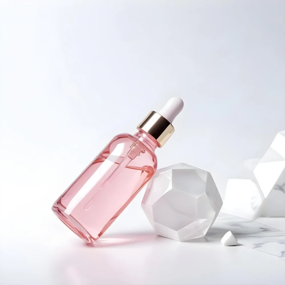 A Pink Glass Bottle With A Dropper Likely A Cosmetic Or Skincare Product On A White Background With Geometric Shapes 16 A6e8