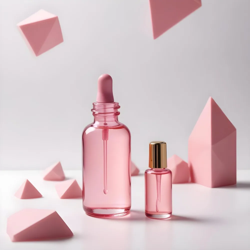 A Pink Glass Bottle With A Dropper Likely A Cosmetic Or Skincare Product On A White Background With Geometric Shapes 3 3845
