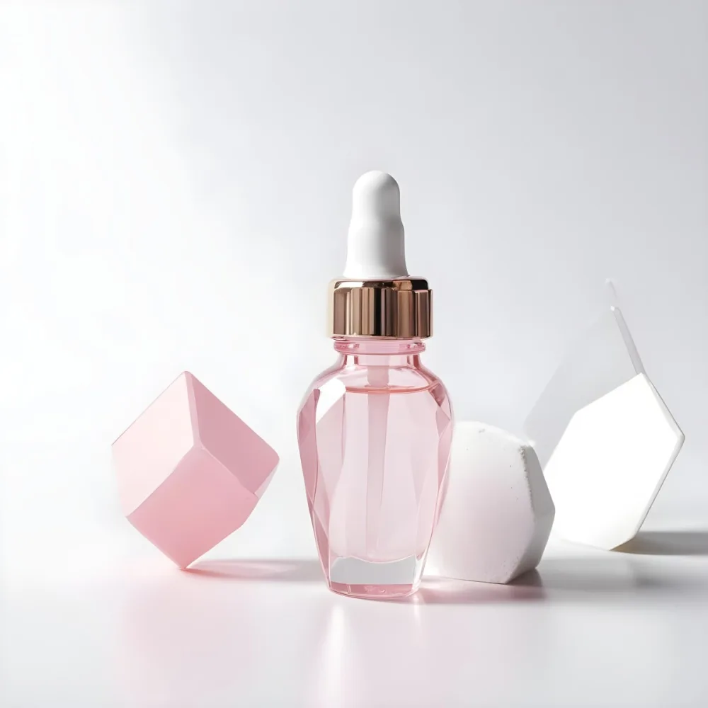 A Pink Glass Bottle With A Dropper Likely A Cosmetic Or Skincare Product On A White Background With Geometric Shapes 4 B840