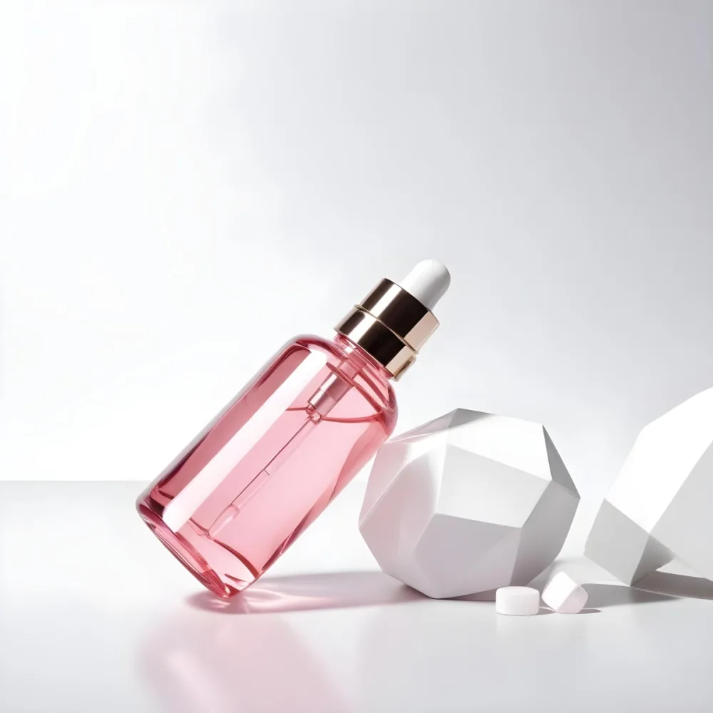 A Pink Glass Bottle With A Dropper Likely A Cosmetic Or Skincare Product On A White Background With Geometric Shapes 9 B4fb