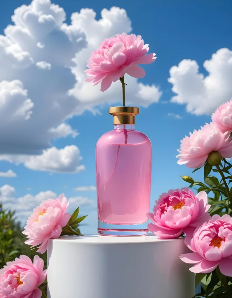 A Pink Glass Bottle With A Dropper Sits On A White Pedestal Surrounded By Pink Peonies Against A Blue Sky With Fluffy White Clouds 10 C643