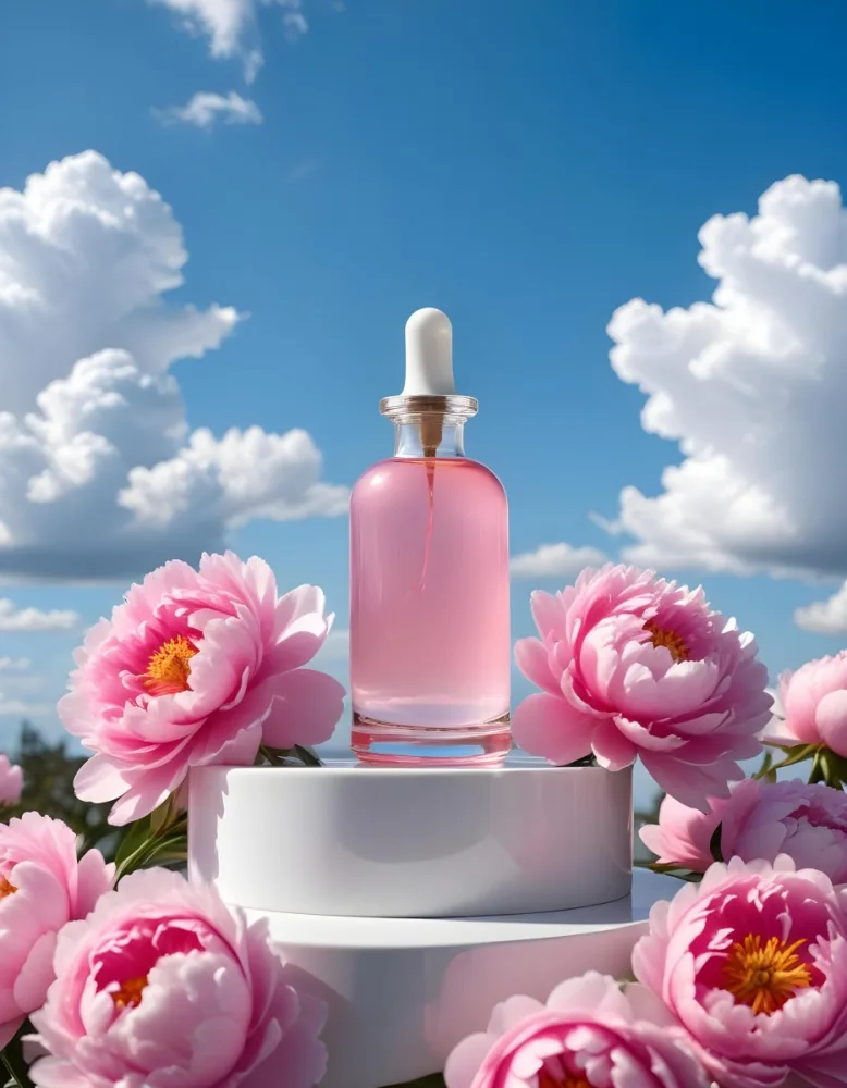 A Pink Glass Bottle With A Dropper Sits On A White Pedestal Surrounded By Pink Peonies Against A Blue Sky With Fluffy White Clouds 12 A37b