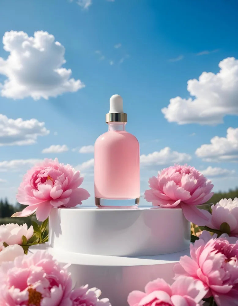A Pink Glass Bottle With A Dropper Sits On A White Pedestal Surrounded By Pink Peonies Against A Blue Sky With Fluffy White Clouds 17 3b4c