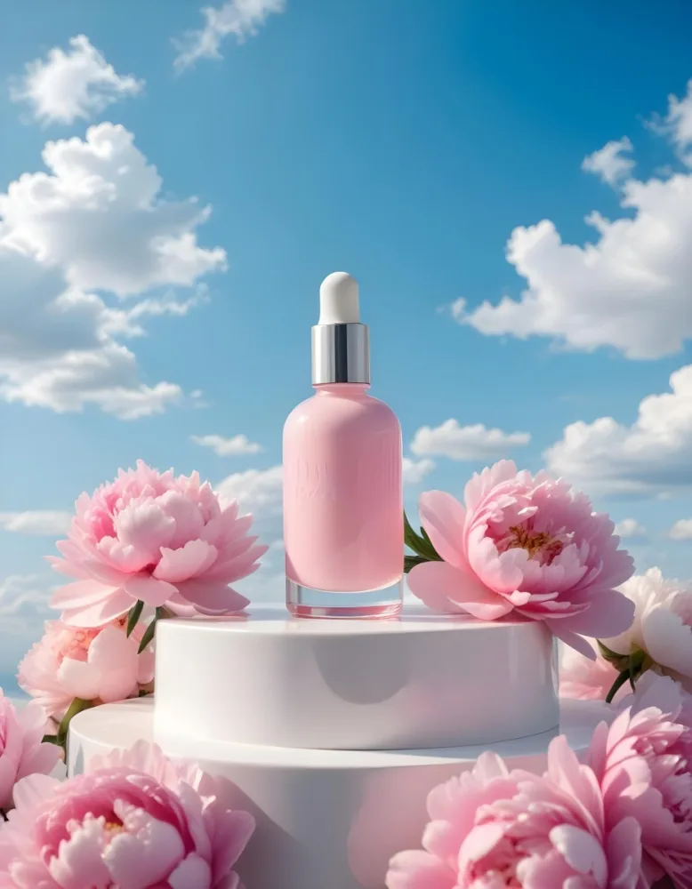 A Pink Glass Bottle With A Dropper Sits On A White Pedestal Surrounded By Pink Peonies Against A Blue Sky With Fluffy White Clouds 22 Df8b