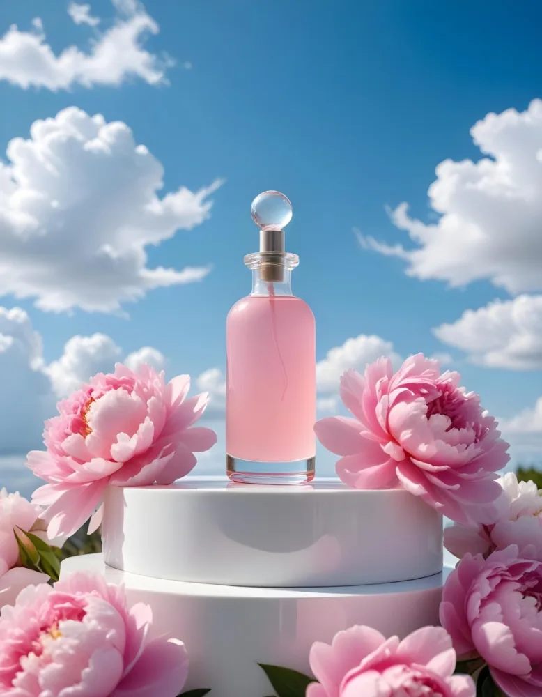 A Pink Glass Bottle With A Dropper Sits On A White Pedestal Surrounded By Pink Peonies Against A Blue Sky With Fluffy White Clouds 24 2adf