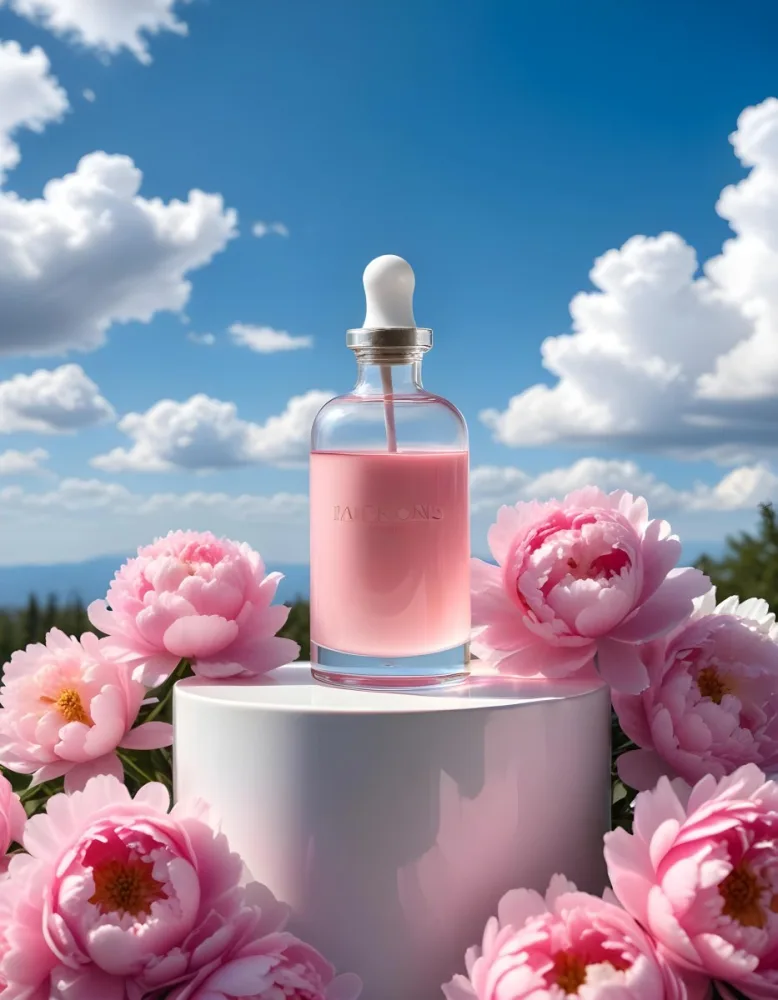 A Pink Glass Bottle With A Dropper Sits On A White Pedestal Surrounded By Pink Peonies Against A Blue Sky With Fluffy White Clouds 29 Dd3d