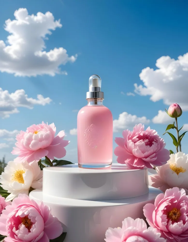 A Pink Glass Bottle With A Dropper Sits On A White Pedestal Surrounded By Pink Peonies Against A Blue Sky With Fluffy White Clouds 3 D13e