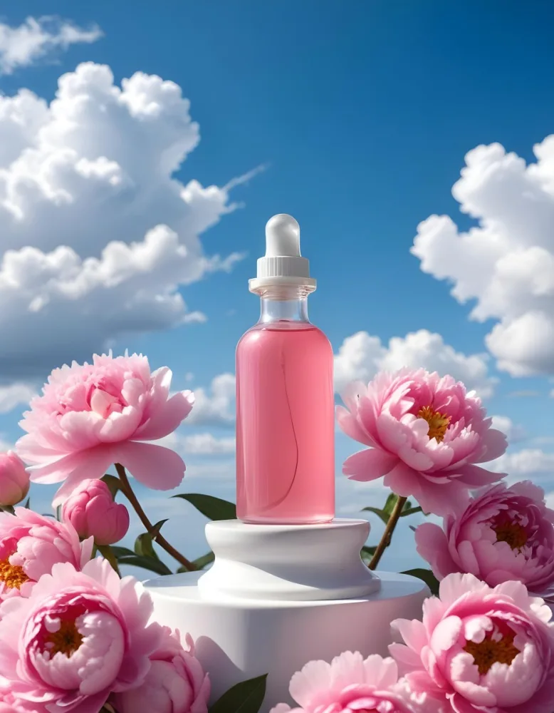 A Pink Glass Bottle With A Dropper Sits On A White Pedestal Surrounded By Pink Peonies Against A Blue Sky With Fluffy White Clouds 33 A7ce