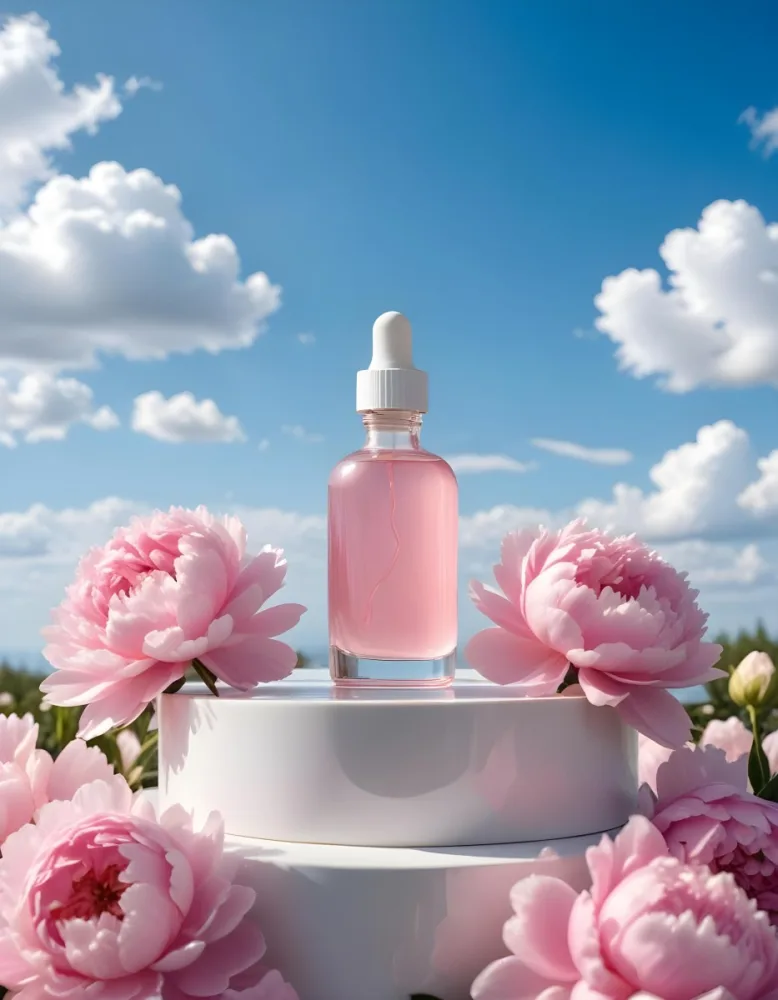 A Pink Glass Bottle With A Dropper Sits On A White Pedestal Surrounded By Pink Peonies Against A Blue Sky With Fluffy White Clouds 34 3e89