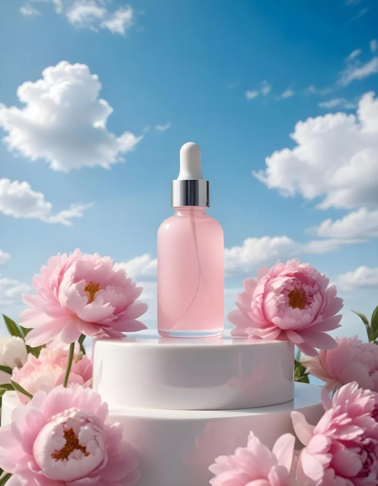 A Pink Glass Bottle With A Dropper Sits On A White Pedestal Surrounded By Pink Peonies Against A Blue Sky With Fluffy White Clouds 35 C6bc