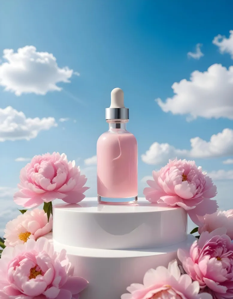 A Pink Glass Bottle With A Dropper Sits On A White Pedestal Surrounded By Pink Peonies Against A Blue Sky With Fluffy White Clouds 39 Cb3d