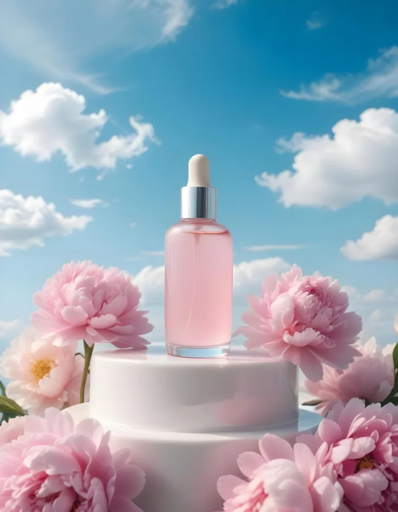 A Pink Glass Bottle With A Dropper Sits On A White Pedestal Surrounded By Pink Peonies Against A Blue Sky With Fluffy White Clouds 46 A994
