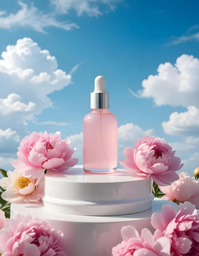 A Pink Glass Bottle With A Dropper Sits On A White Pedestal Surrounded By Pink Peonies Against A Blue Sky With Fluffy White Clouds 47 D8db