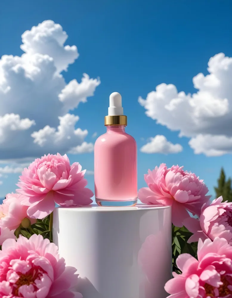A Pink Glass Bottle With A Dropper Sits On A White Pedestal Surrounded By Pink Peonies Against A Blue Sky With Fluffy White Clouds 53 E2cc