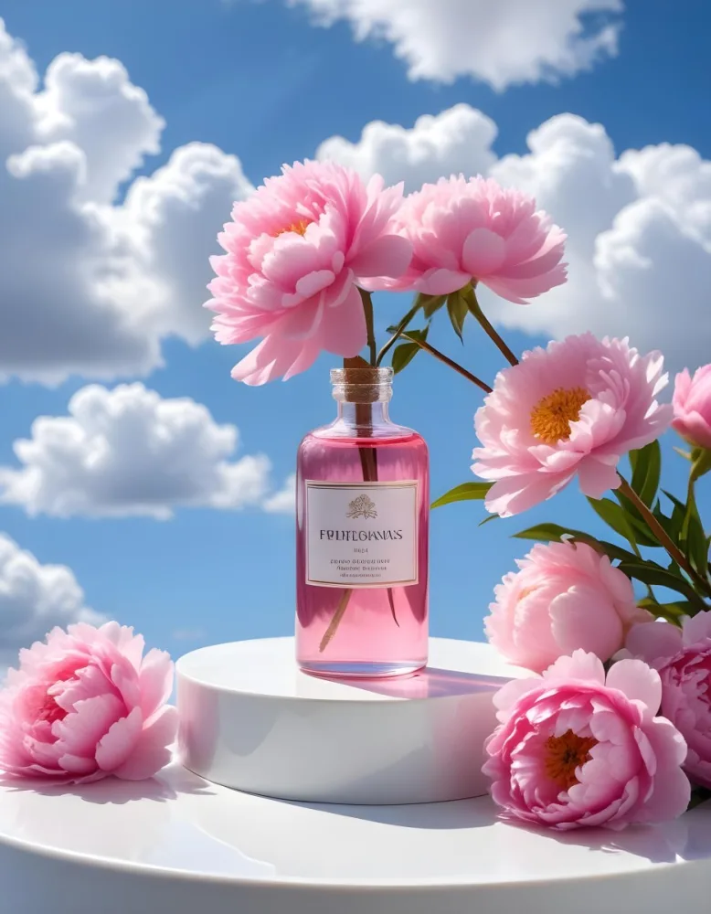 A Pink Glass Bottle With A Dropper Sits On A White Pedestal Surrounded By Pink Peonies Against A Blue Sky With Fluffy White Clouds 54 Aa92