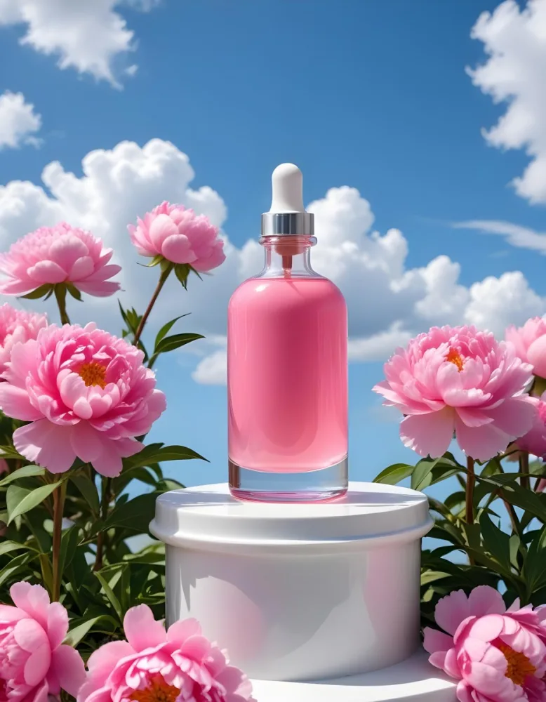 A Pink Glass Bottle With A Dropper Sits On A White Pedestal Surrounded By Pink Peonies Against A Blue Sky With Fluffy White Clouds 56 8459