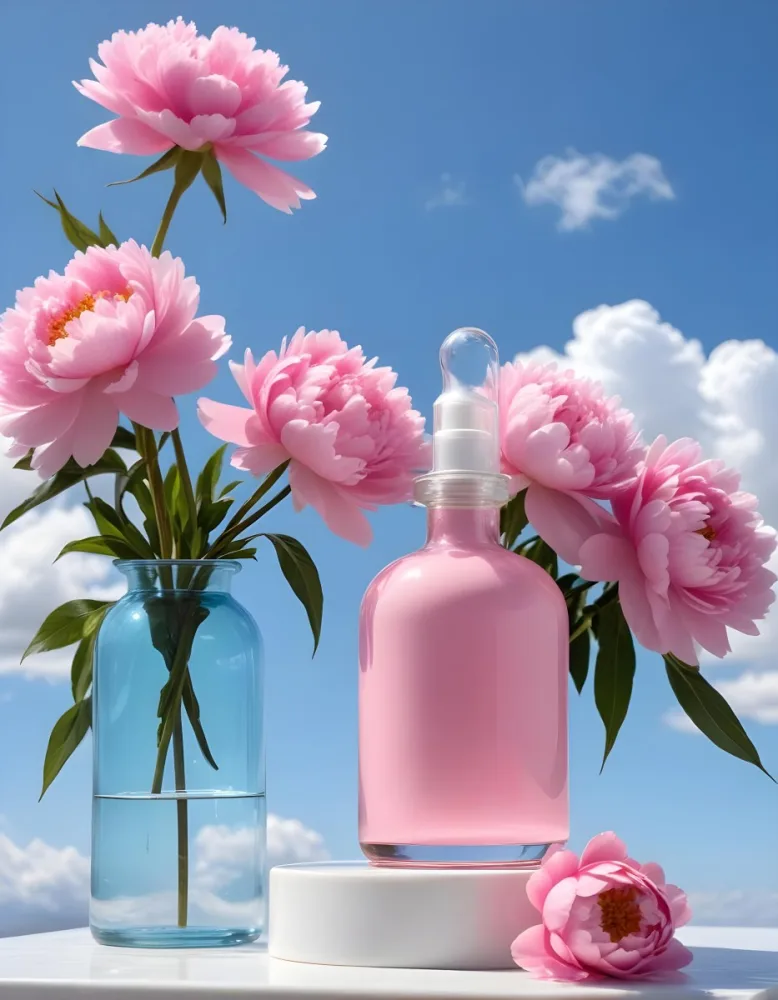 A Pink Glass Bottle With A Dropper Sits On A White Pedestal Surrounded By Pink Peonies Against A Blue Sky With Fluffy White Clouds 57 C766