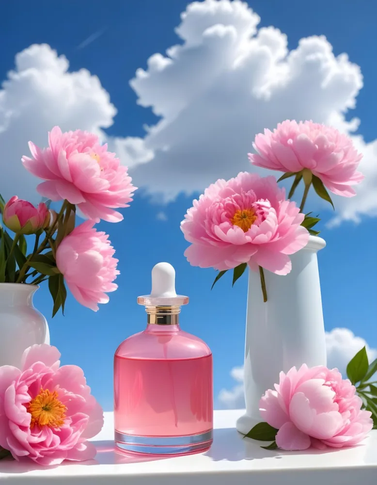 A Pink Glass Bottle With A Dropper Sits On A White Pedestal Surrounded By Pink Peonies Against A Blue Sky With Fluffy White Clouds 58 4783