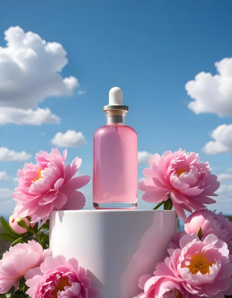 A Pink Glass Bottle With A Dropper Sits On A White Pedestal Surrounded By Pink Peonies Against A Blue Sky With Fluffy White Clouds 59 5153