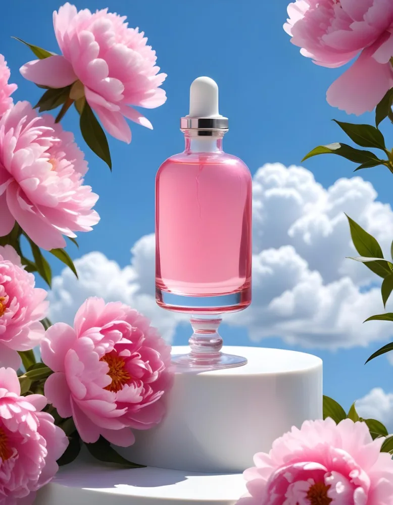 A Pink Glass Bottle With A Dropper Sits On A White Pedestal Surrounded By Pink Peonies Against A Blue Sky With Fluffy White Clouds 6 C93f