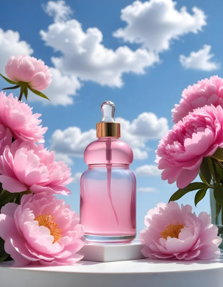 A Pink Glass Bottle With A Dropper Sits On A White Pedestal Surrounded By Pink Peonies Against A Blue Sky With Fluffy White Clouds 60 B2cf