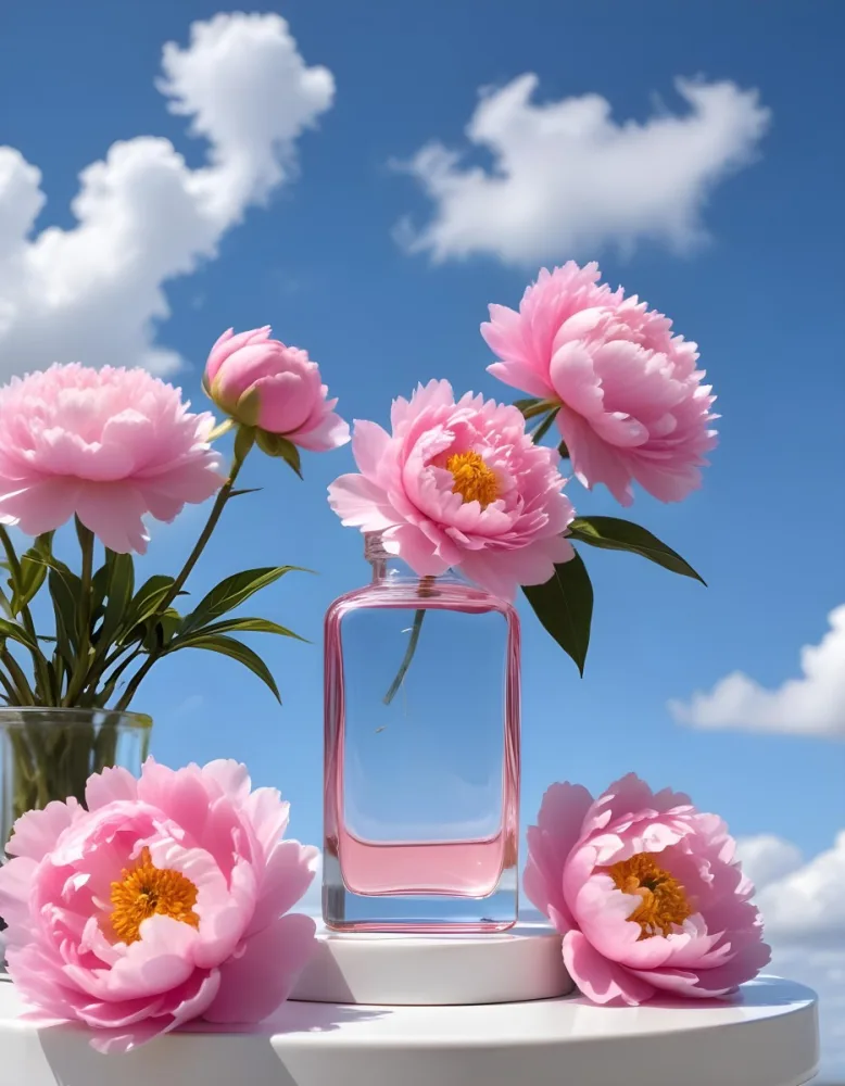 A Pink Glass Bottle With A Dropper Sits On A White Pedestal Surrounded By Pink Peonies Against A Blue Sky With Fluffy White Clouds 7 Db09