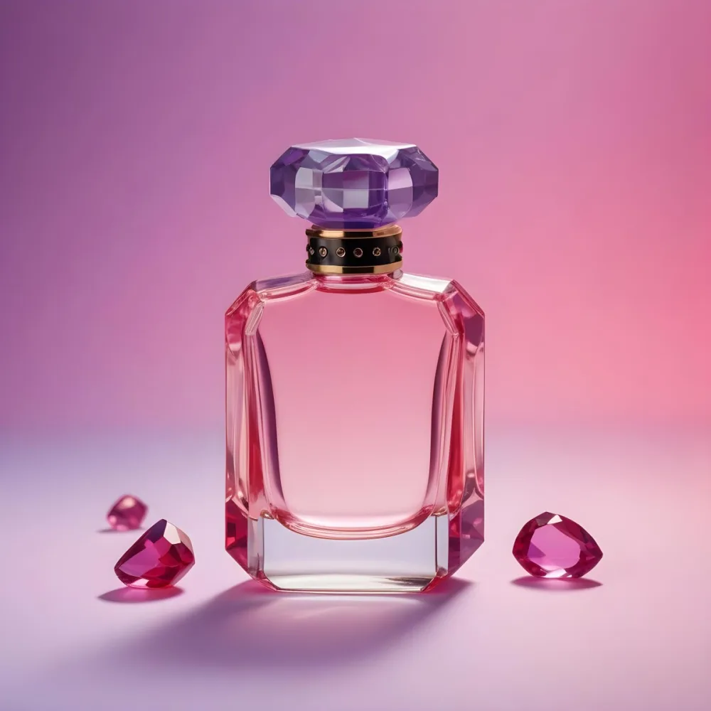 A Pink Glass Perfume Bottle With A Black Cap Surrounded By Pink And Purple Crystals On A Pink And Purple Gradient Background A Blue Ceramic Perfume Bottle With A Gold Cap Surrounded By Clear And Green Gemstones On A 11 42df
