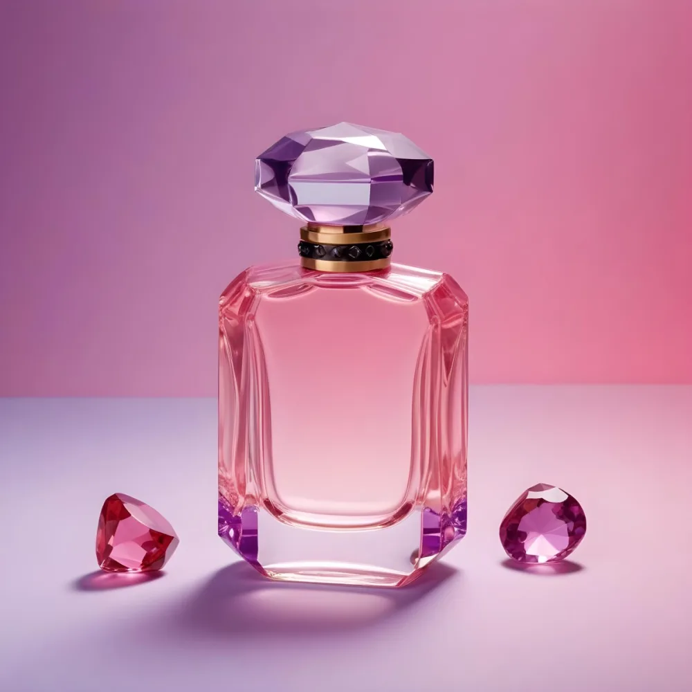 A Pink Glass Perfume Bottle With A Black Cap Surrounded By Pink And Purple Crystals On A Pink And Purple Gradient Background A Blue Ceramic Perfume Bottle With A Gold Cap Surrounded By Clear And Green Gemstones On A 12 5d51
