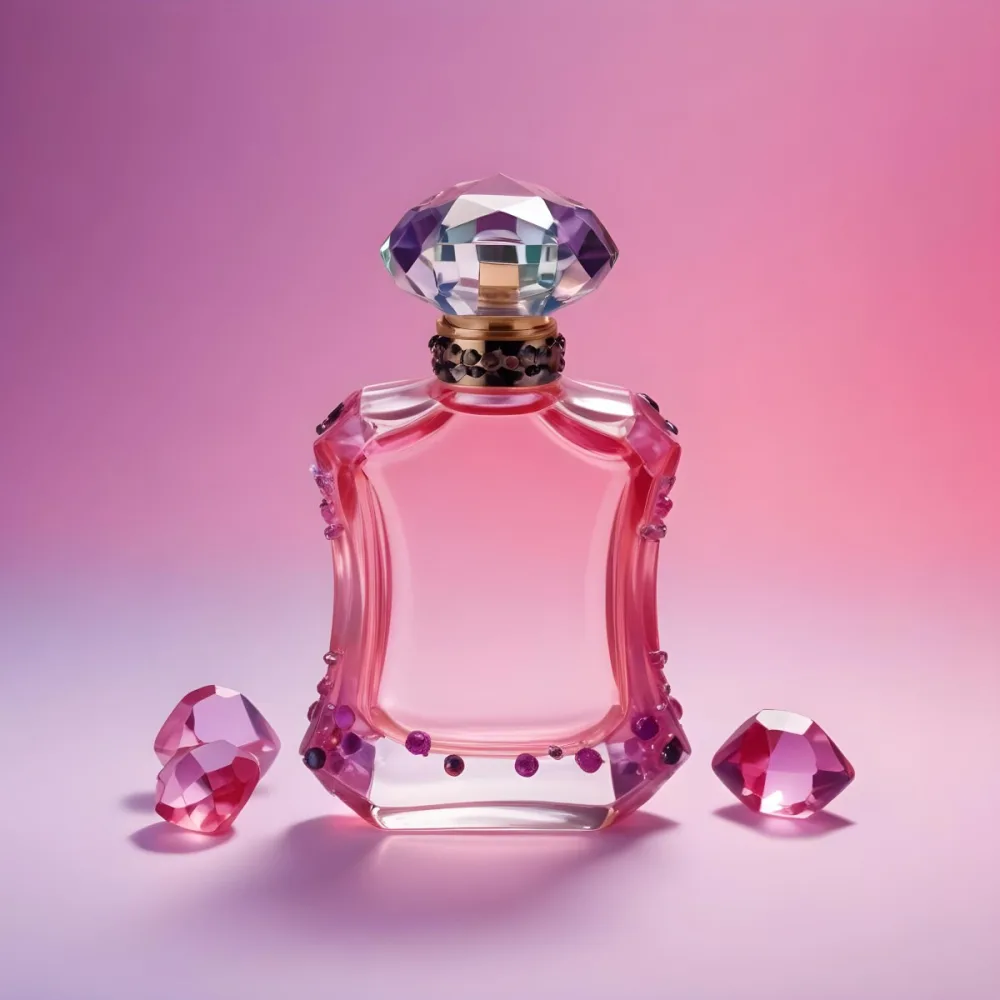 A Pink Glass Perfume Bottle With A Black Cap Surrounded By Pink And Purple Crystals On A Pink And Purple Gradient Background A Blue Ceramic Perfume Bottle With A Gold Cap Surrounded By Clear And Green Gemstones On A 14 7270