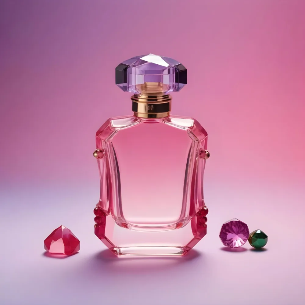 A Pink Glass Perfume Bottle With A Black Cap Surrounded By Pink And Purple Crystals On A Pink And Purple Gradient Background A Blue Ceramic Perfume Bottle With A Gold Cap Surrounded By Clear And Green Gemstones On A 17 152c