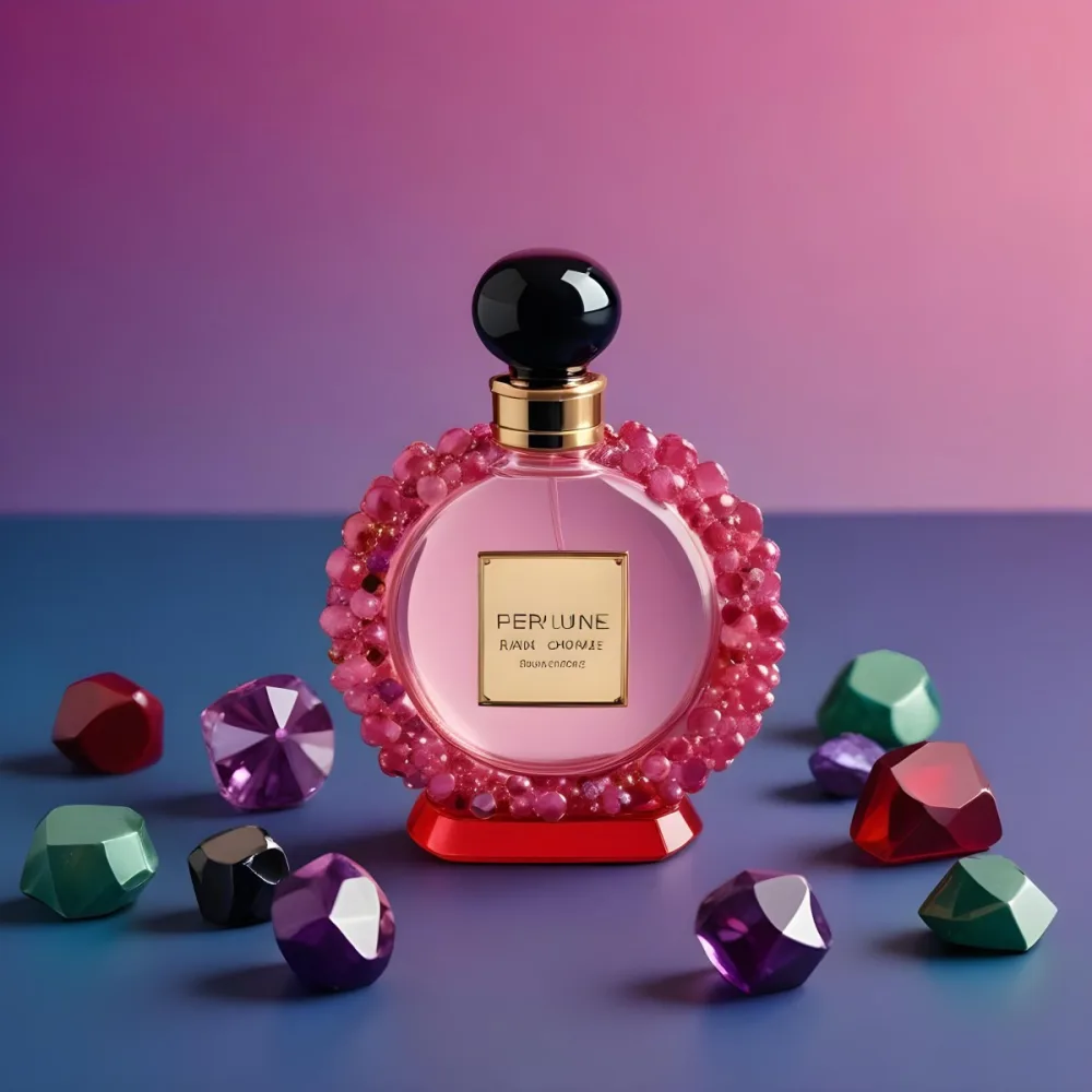 A Pink Glass Perfume Bottle With A Black Cap Surrounded By Pink And Purple Crystals On A Pink And Purple Gradient Background A Blue Ceramic Perfume Bottle With A Gold Cap Surrounded By Clear And Green Gemstones On A 22 Ac99