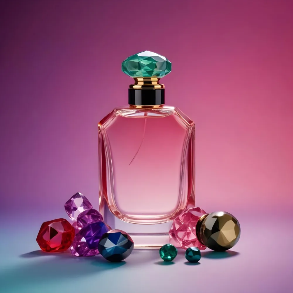 A Pink Glass Perfume Bottle With A Black Cap Surrounded By Pink And Purple Crystals On A Pink And Purple Gradient Background A Blue Ceramic Perfume Bottle With A Gold Cap Surrounded By Clear And Green Gemstones On A 28 Cd0d