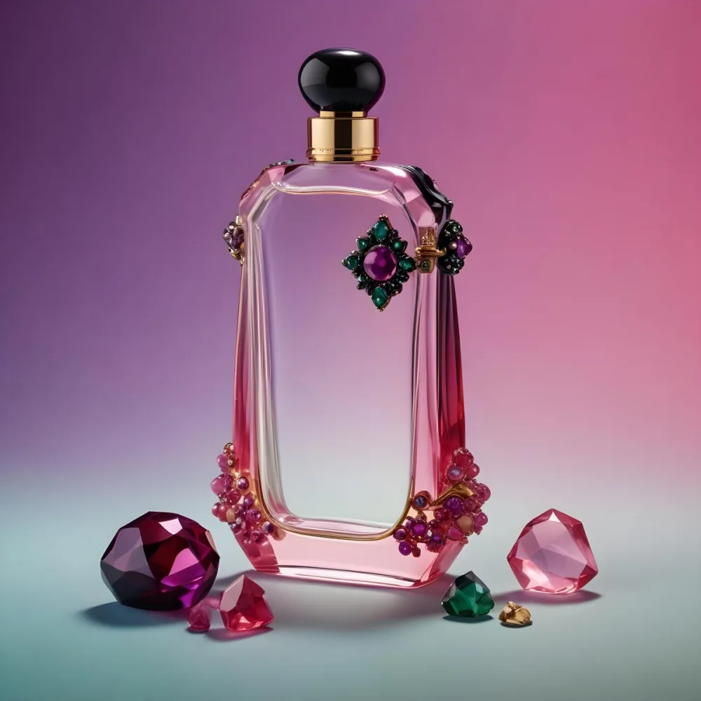 A Pink Glass Perfume Bottle With A Black Cap Surrounded By Pink And Purple Crystals On A Pink And Purple Gradient Background A Blue Ceramic Perfume Bottle With A Gold Cap Surrounded By Clear And Green Gemstones On A 35 8d6f