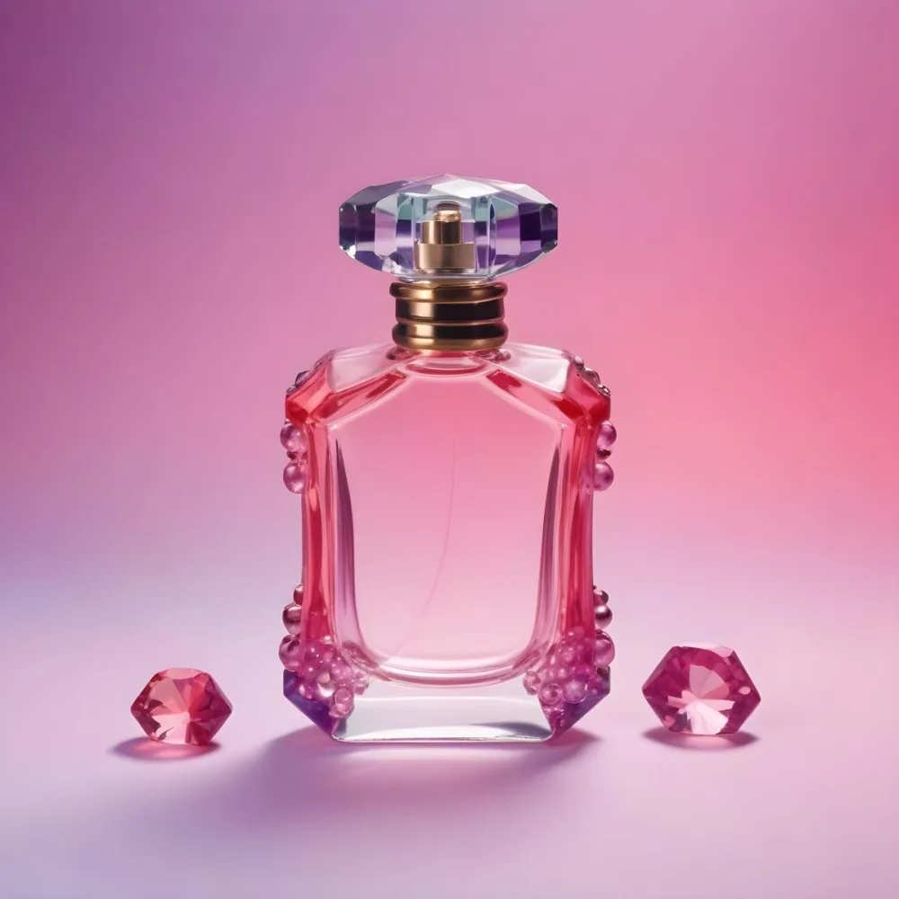 A Pink Glass Perfume Bottle With A Black Cap Surrounded By Pink And Purple Crystals On A Pink And Purple Gradient Background A Blue Ceramic Perfume Bottle With A Gold Cap Surrounded By Clear And Green Gemstones On A 4 E39f