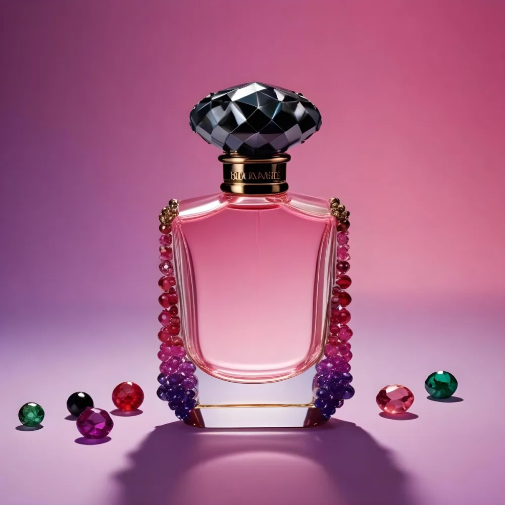 A Pink Glass Perfume Bottle With A Black Cap Surrounded By Pink And Purple Crystals On A Pink And Purple Gradient Background A Blue Ceramic Perfume Bottle With A Gold Cap Surrounded By Clear And Green Gemstones On A 44 9b37