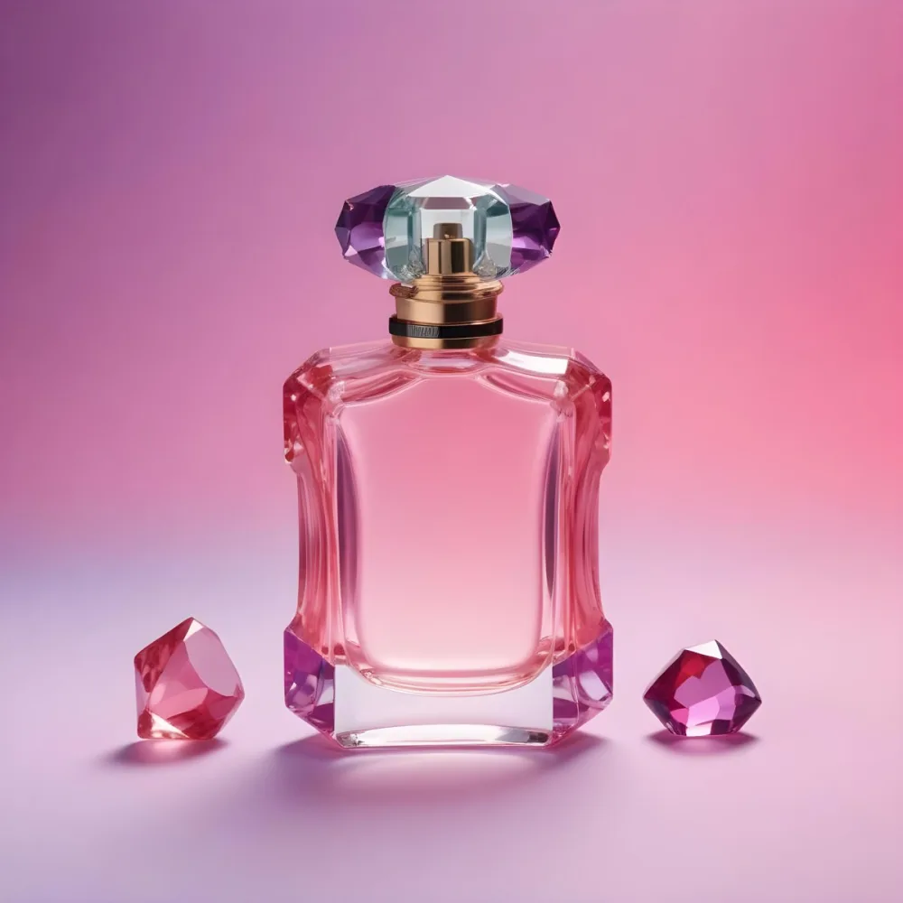 A Pink Glass Perfume Bottle With A Black Cap Surrounded By Pink And Purple Crystals On A Pink And Purple Gradient Background A Blue Ceramic Perfume Bottle With A Gold Cap Surrounded By Clear And Green Gemstones On A 9 F780