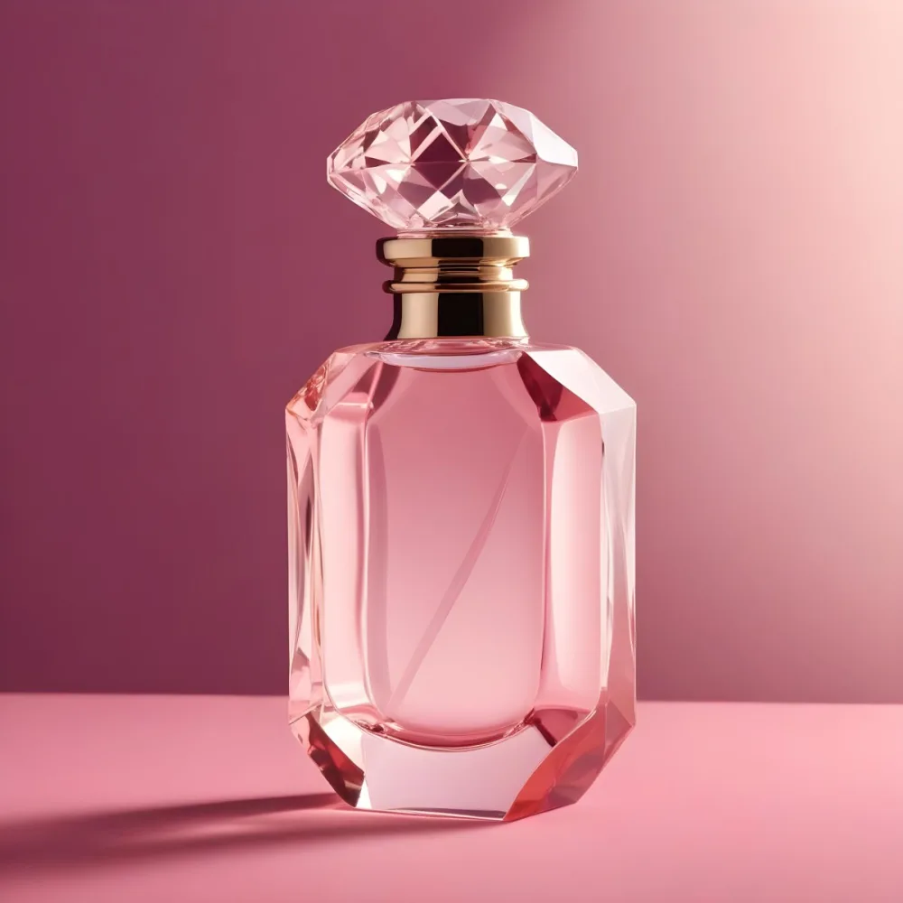 A Pink Glass Perfume Bottle With A Diamond Shaped Glass Stopper On A Pink Background 7
