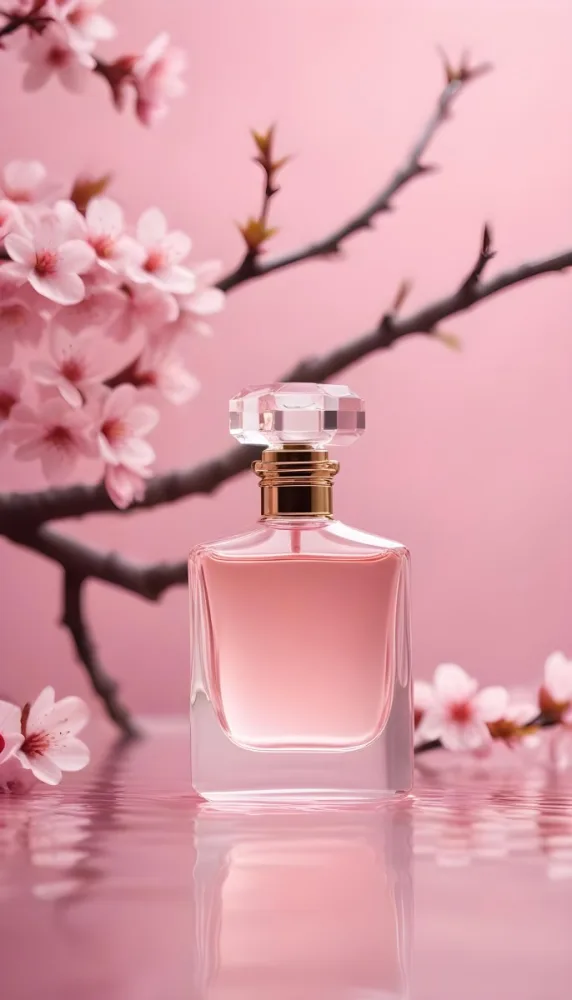 A Pink Glass Perfume Bottle With A Glass Stopper Surrounded By Delicate Pink Cherry Blossom Flowers Floating In Water Against A Soft Blurred Pink Background 1 B149