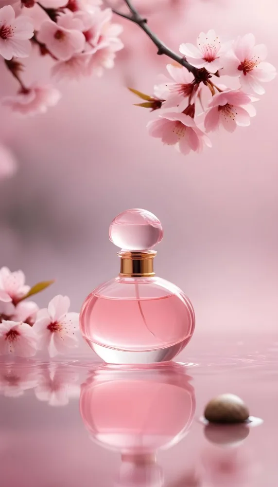 A Pink Glass Perfume Bottle With A Glass Stopper Surrounded By Delicate Pink Cherry Blossom Flowers Floating In Water Against A Soft Blurred Pink Background 3 9d6f