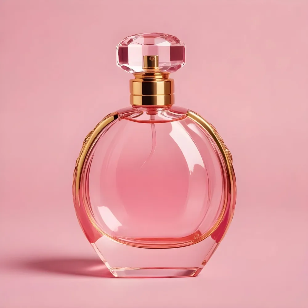 A Pink Glass Perfume Bottle With A Gold Cap Against A Pink Background 16 F704