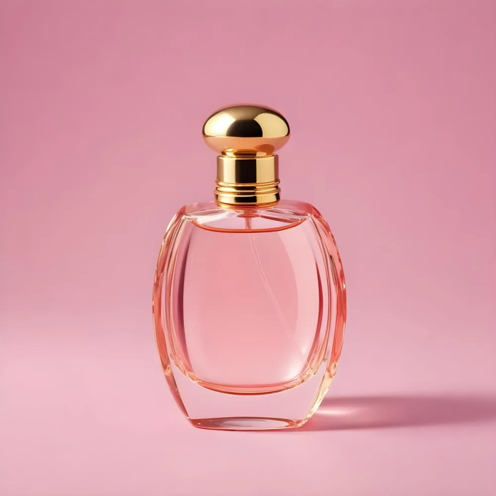 A Pink Glass Perfume Bottle With A Gold Cap Against A Pink Background 2 2147